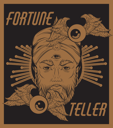 Vector hand drawn illustration of fortune teller with flying eyeballs. Surreal artwork. Template for card, poster. banner, print for t-shirt, pin, badge, patch.のイラスト素材