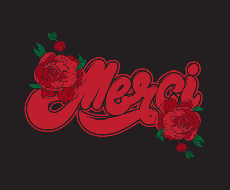 Merci. Handwritten lettering. Hand drawn illustration of flowers. Template for card, poster. banner, print for t-shirt, pin, badge, patch.のイラスト素材