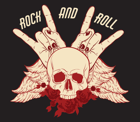 Rock and roll. Vector hand drawn illustration of human skull with flowers, wings and rock hands . Template for card, poster. banner, print for t-shirt, pin, badge, patch.のイラスト素材