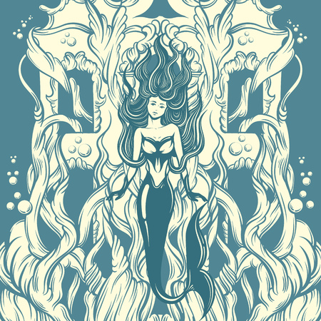 Vector hand drawn illustration of mermaid and detailed building. Template for card, poster. banner, print for t-shirt, pin, badge, patch.のイラスト素材
