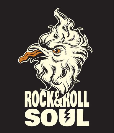 Rock&Roll soul. Quote typographical background. Vector hand drawn illustration of crazy bird with tongue. Template for card, poster. banner, print for t-shirt, pin, badge, patch.のイラスト素材