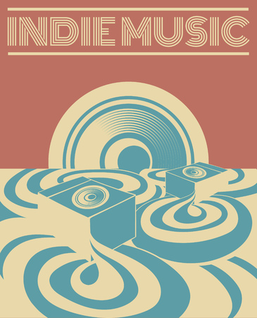 Indie music. Vector hand drawn illustration of surreal landscape with sound system. Template for card, poster. banner, print for t-shirt, pin, badge, patch.のイラスト素材