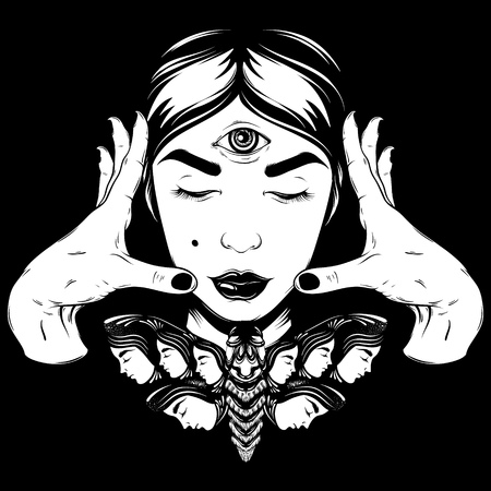 Vector hand drawn surreal illustration of fortune teller with moth and human hands. Creative tattoo artwork. Template for card, poster. banner, print for t-shirt, pin, badge, patch.のイラスト素材