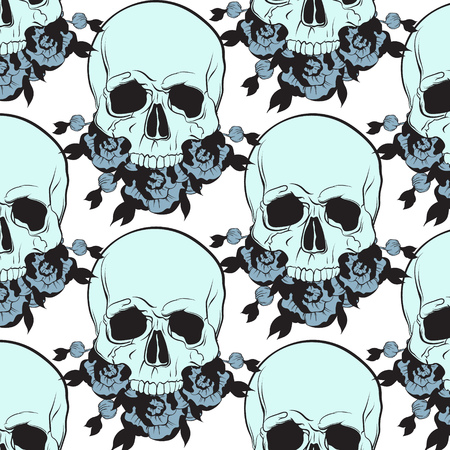 Vector hand drawn pattern with illustration of human skull with flowers . Template for card, poster. banner, print for t-shirt, pin, badge, patch.のイラスト素材