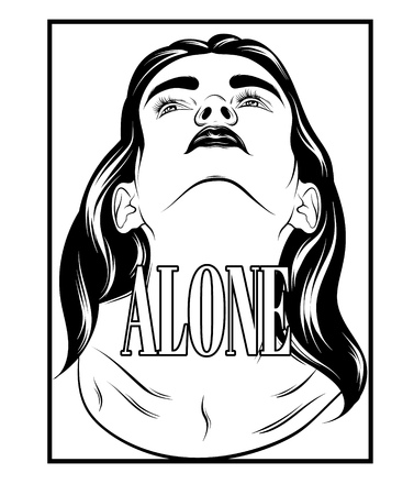 Alone. Vector hand drawn illustration of pretty young girl isolated. Creative tattoo artwork. Template for card, poster. banner, print for t-shirt, pin, badge, patch.のイラスト素材