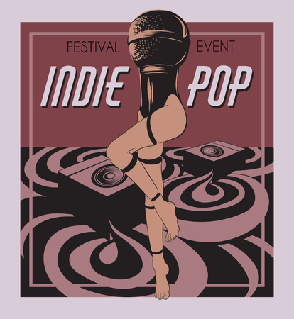 Indie music. Vector poster with hand drawn illustration of microphone with female legs. Template for card, banner, print for t-shirt, pin, badge, patch.のイラスト素材