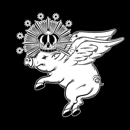 Vector hand drawn illustration of pig in crown isolated. Creative tattoo artwork. Template for card, poster, banner, print for t-shirt, pin, badge, patch.のイラスト素材