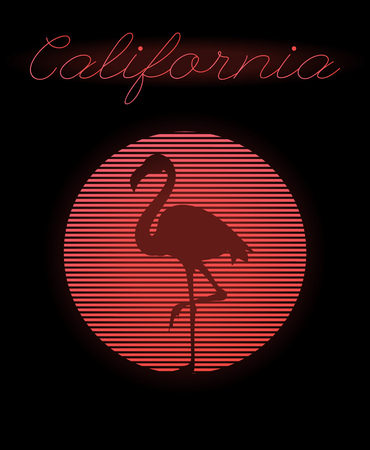 California. Vector poster with silhouette of flamingo and circle made in vaporwave style. Template for card, banner, print for t-shirt, pin, badge, patch.のイラスト素材