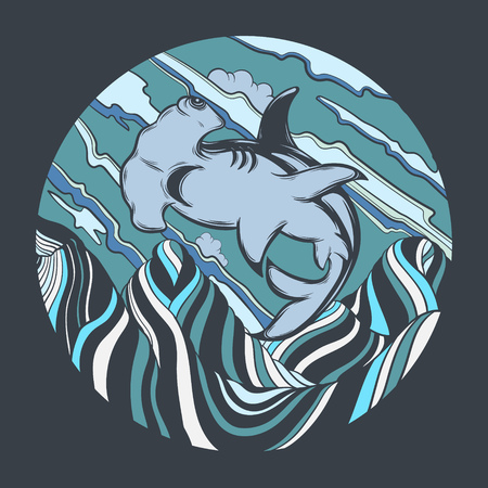 Vector hand drawn illustration of hammerhead shark with surreal landscape. Creative tattoo artwork. Template for card, poster, banner, print for t-shirt, pin, badge, patch.のイラスト素材
