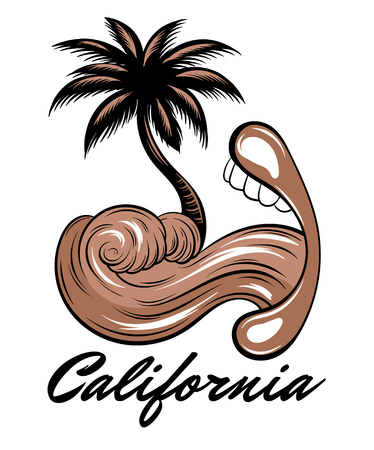 Vector hand drawn illustration of mouth with sea wave and palm instead tongue isolated. Creative tattoo artwork. Template for card, poster, banner, print for t-shirt, pin, badge, patch.のイラスト素材