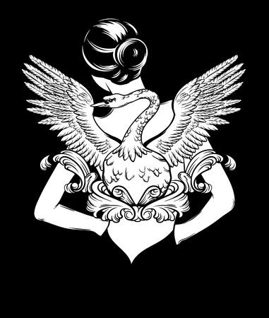 Vector hand drawn illustration of pretty woman with swan isolated. Creative tattoo artwork. Template for card, poster, banner, print for t-shirt, pin, badge, patch.のイラスト素材