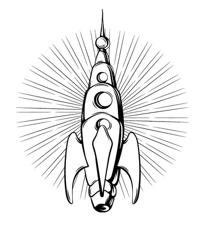 Vector hand drawn illustration of spaceship with rays isolated . Creative tattoo artwork. Template for card, poster, banner, print for t-shirt, pin, badge, patch.のイラスト素材