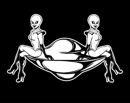 Vector hand drawn illustration of beautiful aliens on the flying saucer isolated . Creative tattoo artwork. Template for card, poster, banner, print for t-shirt, pin, badge, patch.のイラスト素材