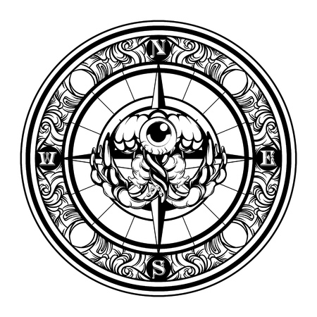 Vector hand drawn illustration of jelly fish isolated with compass . Creative tattoo artwork. Template for card, poster, banner, print for t-shirt, pin, badge, patch.のイラスト素材