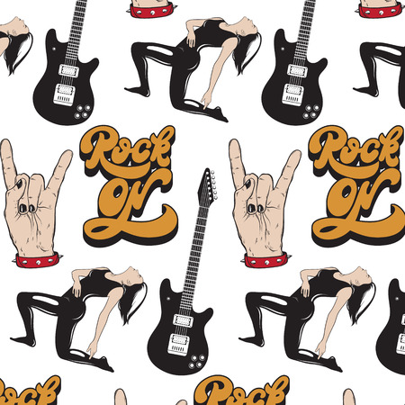 Vector pattern with hand drawn illustration of guitar, dancer, and handwritten lettering . Template for card, poster, banner, print for t-shirt, pin, badge, patch.のイラスト素材