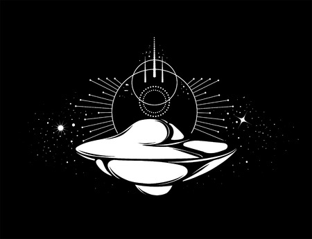 Vector hand drawn illustration of flying saucer isolated . Creative tattoo artwork. Template for card, poster, banner, print for t-shirt, pin, badge, patch.のイラスト素材