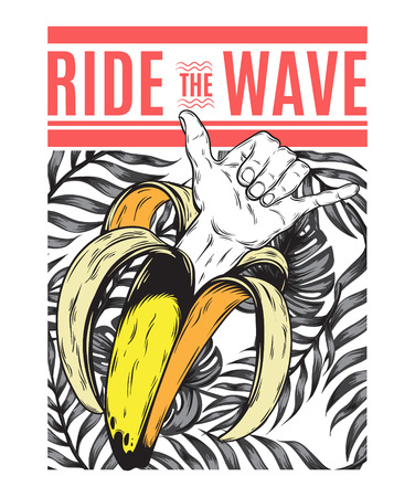 Ride the wave. Vector pattern with hand drawn illustration of banana with shaka hand isolated. Creative tattoo artwork. Template for card, poster, banner, print for t-shirt, pin, badge, patch.のイラスト素材