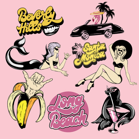 Vector set of hand drawn illustrations of mermaid, flamingo, banana, seal and handwritten lettering. Template for card, poster, banner, print for t-shirt, pin, badge, patch.のイラスト素材