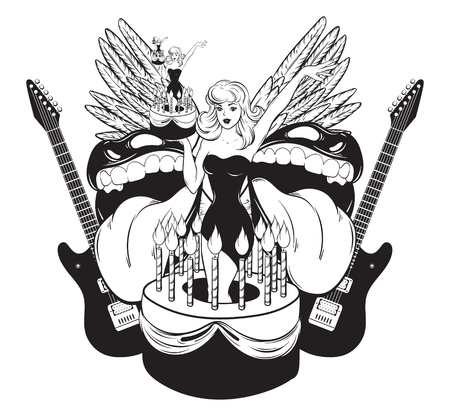 Vector hand drawn illustration of pretty girl in cake with mouths, guitars, wings . Creative tattoo artwork. Template for card, poster, banner, print for t-shirt, pin, badge, patch.のイラスト素材