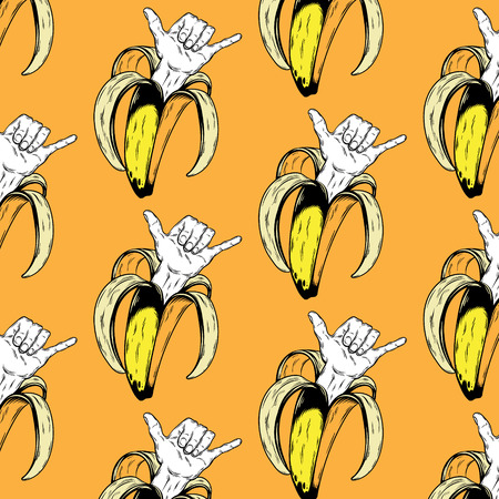 Vector pattern with hand drawn illustration of banana with shaka hand isolated. Creative tattoo artwork. Template for card, poster, banner, print for t-shirt, pin, badge, patch.のイラスト素材