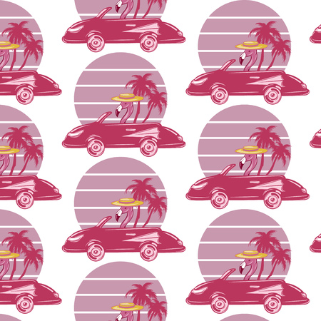 Vector pattern with hand drawn illustration of flamingo in retro car with palms isolated. Creative tattoo artwork . Template for card, poster, banner, print for t-shirt, pin, badge, patch.のイラスト素材