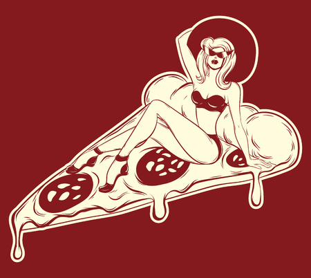 Vector hand drawn illustration of woman in swimsuit on pizza . Tattoo artwork. Template for card, poster, banner, print for t-shirt, pin, badge, patch.のイラスト素材