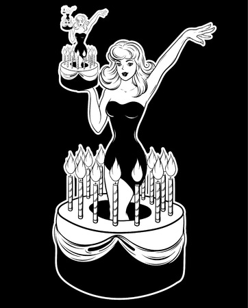 Vector hand drawn illustration of pretty girl in cake . Creative tattoo artwork. Template for card, poster, banner, print for t-shirt, pin, badge, patch.のイラスト素材