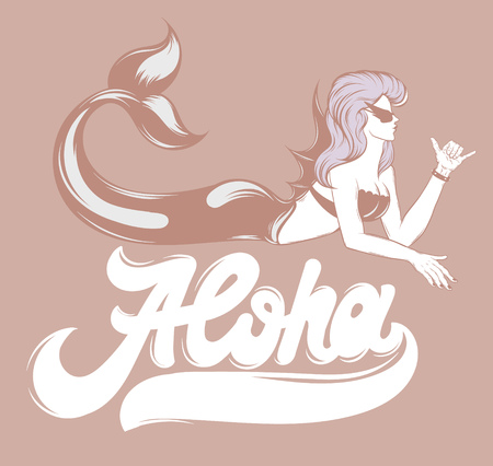 Aloha. Vector handwritten lettering with hand drawn trendy illustration of mermaid . Crteative tattoo artwork. Template for card, poster, banner, print for t-shirt, pin, badge, patch.のイラスト素材
