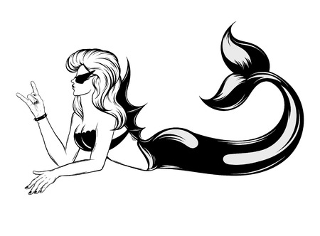 Vector hand drawn trendy illustration of mermaid isolated . Crteative tattoo artwork. Template for card, poster, banner, print for t-shirt, pin, badge, patch.のイラスト素材