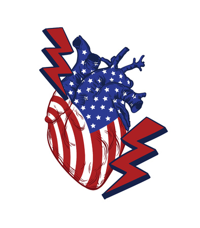 Vector hand drawn illustration of american flag on human heart isolated . Creative artwork. Template for card, poster, banner, print for t-shirt, pin, badge, patch.のイラスト素材