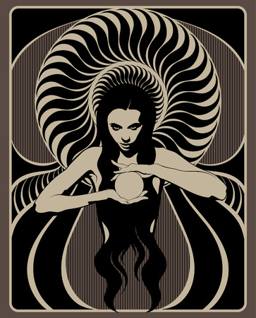 Vector hand drawn illustration of witch with crystal ball. Creative artwork. Template for card, poster, banner, print for t-shirt, pin, badge, patch.のイラスト素材