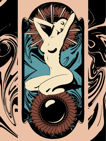 Vector hand drawn illustration of woman sitting on her knees . Creative artwork with liquid texture . Template for card, poster, banner, print for t-shirt, pin, badge, patch.のイラスト素材