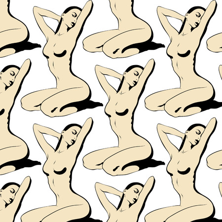 Vector pattern with hand drawn illustration of girl sitting on her knees . Creative artwork. Template for card, poster, banner, print for t-shirt, pin, badge, patch.のイラスト素材