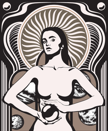 Vector hand drawn illustration of witch with crystal ball and planets. Creative artwork. Template for card, poster, banner, print for t-shirt, pin, badge, patch.のイラスト素材