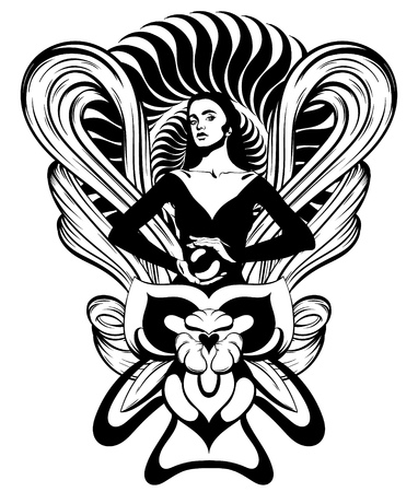 Vector hand drawn illustration of witch with crystal ball. Creative tattoo artwork. Template for card, poster, banner, print for t-shirt, pin, badge, patch.のイラスト素材