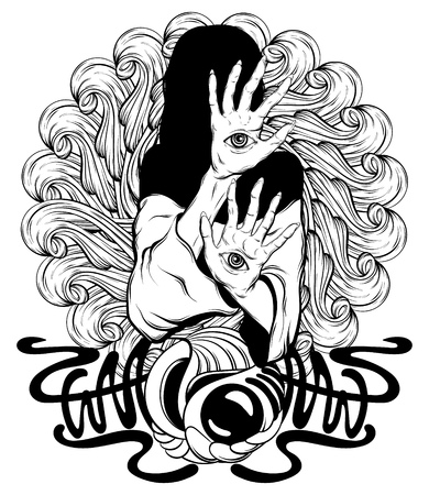 Vector hand drawn illustration of witch with eyes on hands with ornament and details. Creative tattoo artwork. Template for card, poster, banner, print for t-shirt, pin, badge, patch.のイラスト素材