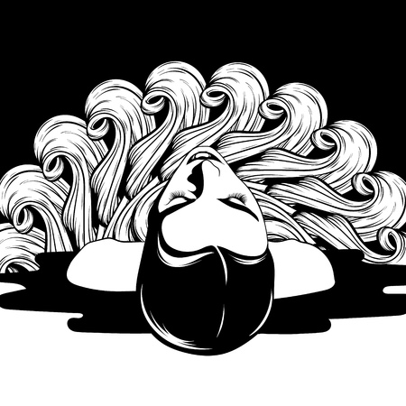 Vector hand drawn illustration of lying girl with ornament . Creative tattoo artwork. Template for card, poster, banner, print for t-shirt, pin, badge, patch.のイラスト素材