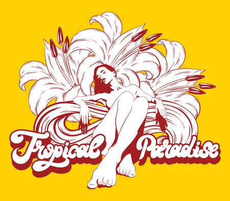 Tropical paradise. Vector hand drawn illustration of pretty lady with lilies and handwritten lettering . Template for card, poster, banner, print for t-shirt, pin, badge, patch.のイラスト素材