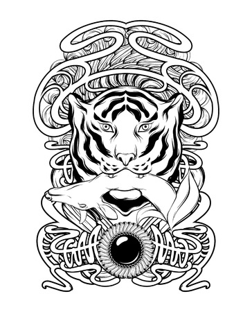 Vector hand drawn illustration of tiger with deer in his mouth isolated. Creative tattoo artwork with ornate frame. Template for card, poster. banner, print for t-shirt, pin, badge, patch.のイラスト素材