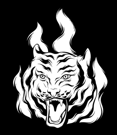Vector hand drawn illustration of roaring tiger with fire isolated. Tattoo artwork. Template for card, poster. banner, print for t-shirt, pin, badge, patch.のイラスト素材