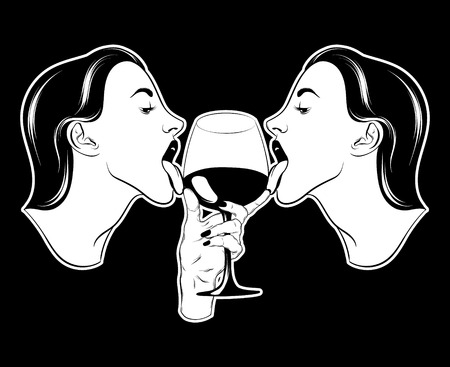 Vector hand drawn realistic illustration of women with glass of wine isolated. Creative tattoo artwork. Template for card, poster. banner, print for t-shirt, pin, badge, patch.のイラスト素材