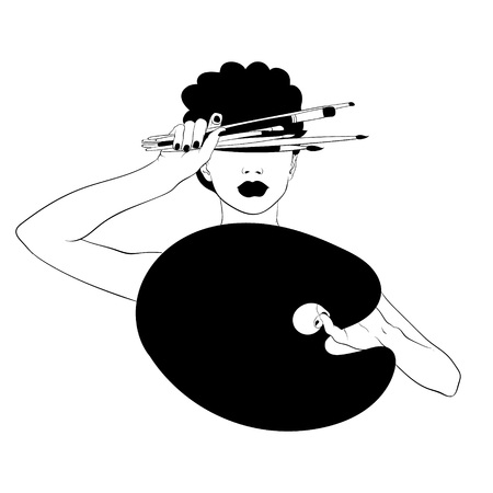 Vector hand drawn illustration of girl with brushes and palette isolated. Creative tattoo artwork. Template for card, poster. banner, print for t-shirt, pin, badge, patch.のイラスト素材