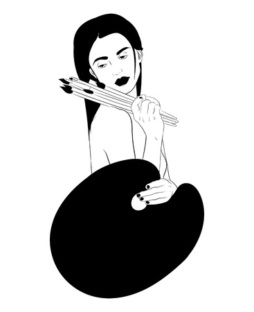 Vector hand drawn illustration of girl with brushes and palette isolated. Creative tattoo artwork. Template for card, poster. banner, print for t-shirt, pin, badge, patch.のイラスト素材