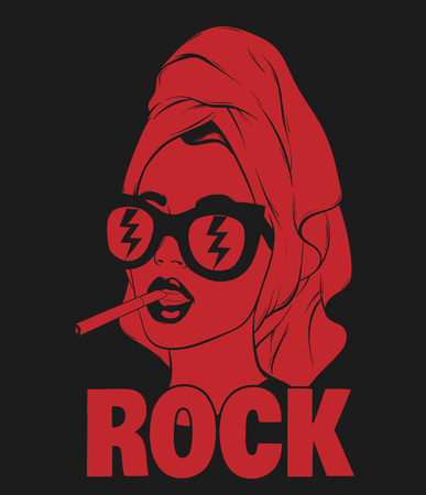 Rock. Vector hand drawn illustration in towel and sunglasses with cigarette isolated. Template for card, poster. banner, print for t-shirt, pin, badge, patch.のイラスト素材
