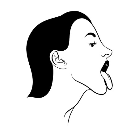 Vector hand drawn realistic illustration of woman with tongue isolated. Creative tattoo artwork. Template for card, poster. banner, print for t-shirt, pin, badge, patch.のイラスト素材