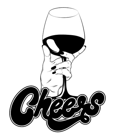Cheers. Vector hand drawn realistic illustration of female hand with glass of wine isolated. Creative tattoo artwork. Template for card, poster. banner, print for t-shirt, pin, badge, patch.のイラスト素材