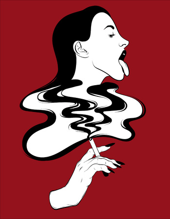 Vector hand drawn illustration of pretty girl with hand and smoke. Surrealistic tattoo artwork. Template for card, poster. banner, print for t-shirt, pin, badge, patch.のイラスト素材