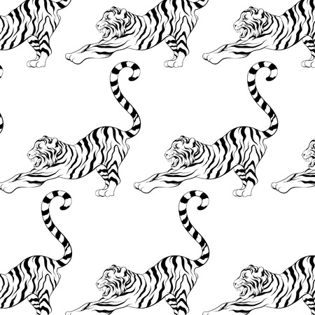 Vector pattern with hand drawn illustration of stretching tiger . Template for card, poster. banner, print for t-shirt, pin, badge, patch.のイラスト素材