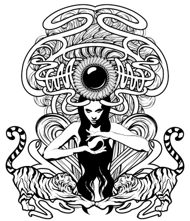 Vector hand drawn illustration of girl with tigers isolated. Surrealistic tattoo artwork. Template for card, poster. banner, print for t-shirt, pin, badge, patch.のイラスト素材