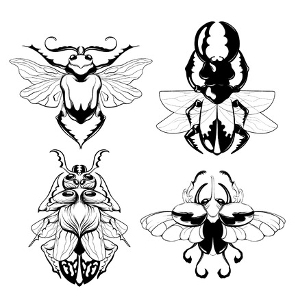 Vector set of hand drawn illustrations of beetles with wings isolated. Creative tattoo artwork. Template for card, poster. banner, print for t-shirt, pin, badge, patch.のイラスト素材
